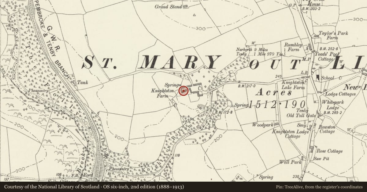 Ordnance Survey six-inch map, 2nd edition (1888–1913) covering the location of Former Malthouse and Bakery attached to Knightston Farmhouse, St. Mary Out Liberty, Pembrokeshire, with a pin at the register's coordinates