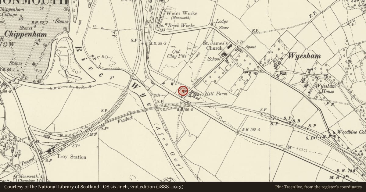Ordnance Survey six-inch map, 2nd edition (1888–1913) covering the location of The Cell, Monmouth, Monmouthshire, with a pin at the register's coordinates