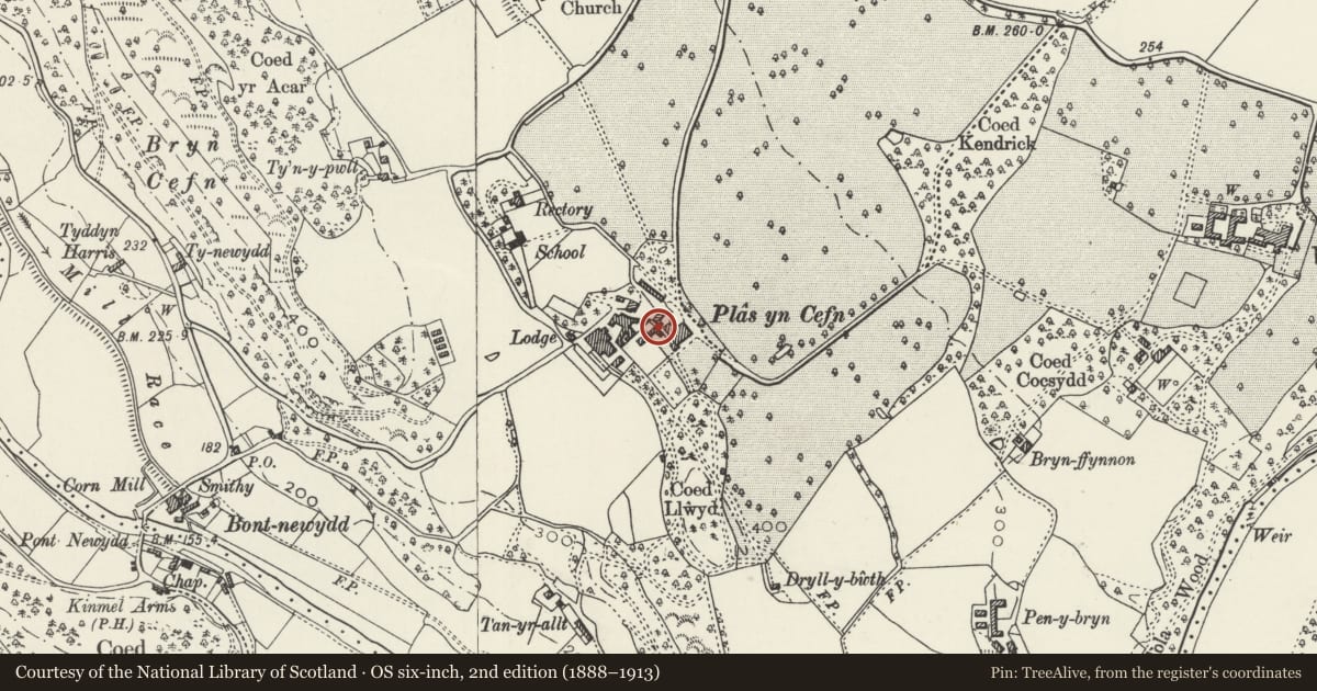 Ordnance Survey six-inch map, 2nd edition (1888–1913) covering the location of Former Laundry Block at Plas-yn-Cefn, Cefnmeiriadog, Denbighshire, with a pin at the register's coordinates