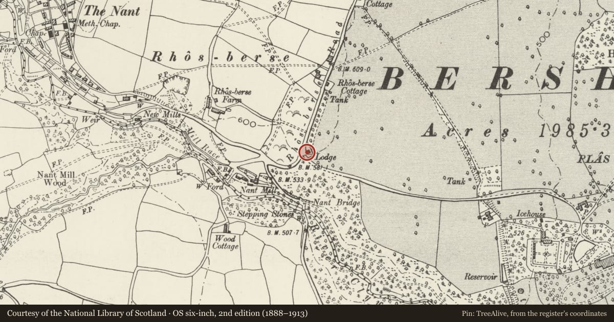 Ordnance Survey six-inch map, 2nd edition (1888–1913) covering the location of Rhosberse Lodge at Entrance to West drive at Plas Power, Coedpoeth, Wrexham, with a pin at the register's coordinates