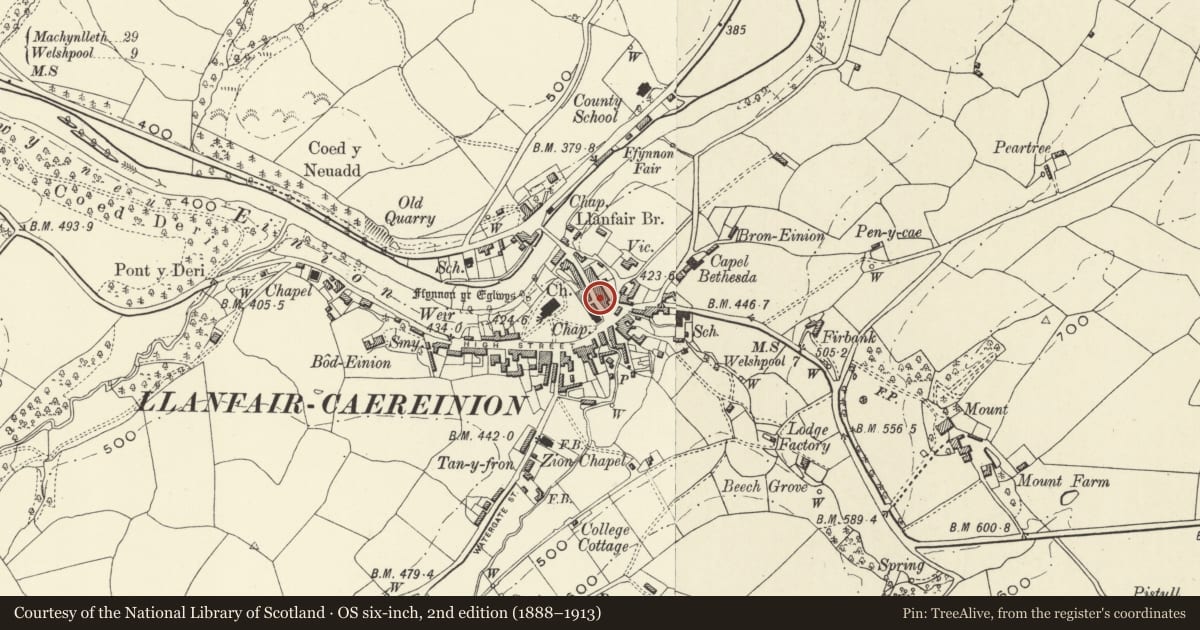 Ordnance Survey six-inch map, 2nd edition (1888–1913) covering the location of Glenfern, Llanfair Caereinion, Powys, with a pin at the register's coordinates