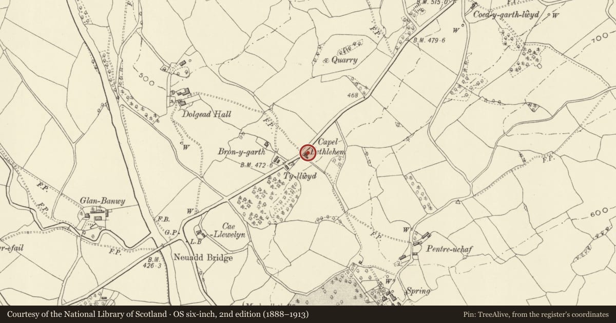 Ordnance Survey six-inch map, 2nd edition (1888–1913) covering the location of Bethlehem Chapel with house, Llanfair Caereinion, Powys, with a pin at the register's coordinates