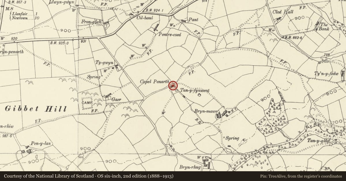 Ordnance Survey six-inch map, 2nd edition (1888–1913) covering the location of Penarth Independent Chapel and side railings, Llanfair Caereinion, Powys, with a pin at the register's coordinates