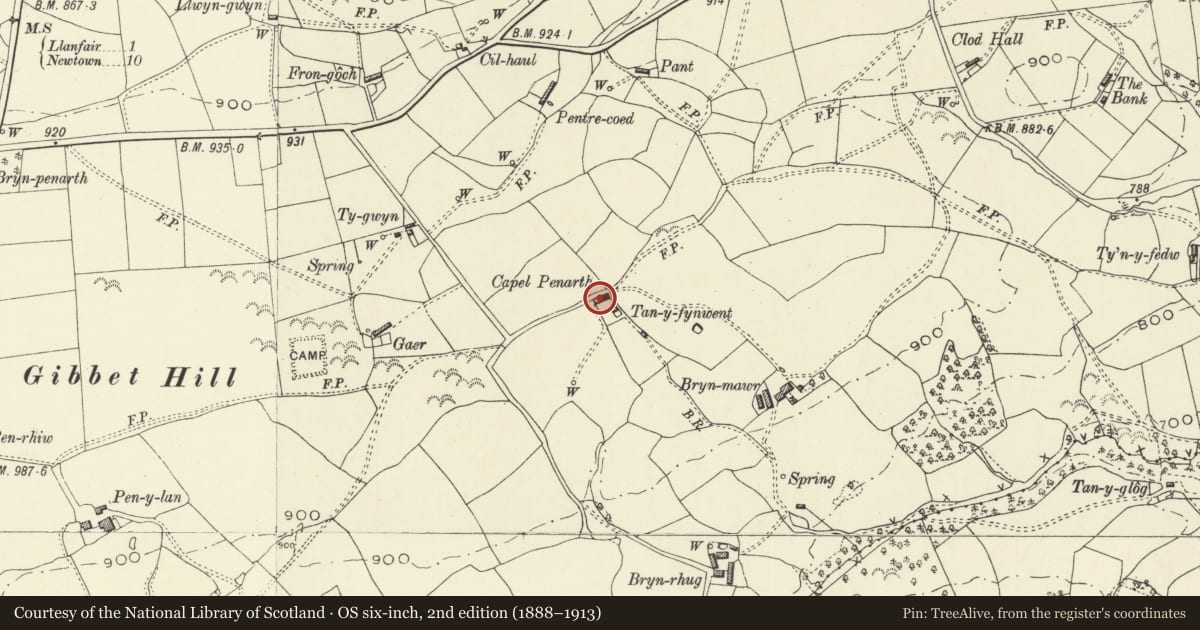 Ordnance Survey six-inch map, 2nd edition (1888–1913) covering the location of House adjoining Penarth Independent Chapel, Llanfair Caereinion, Powys, with a pin at the register's coordinates
