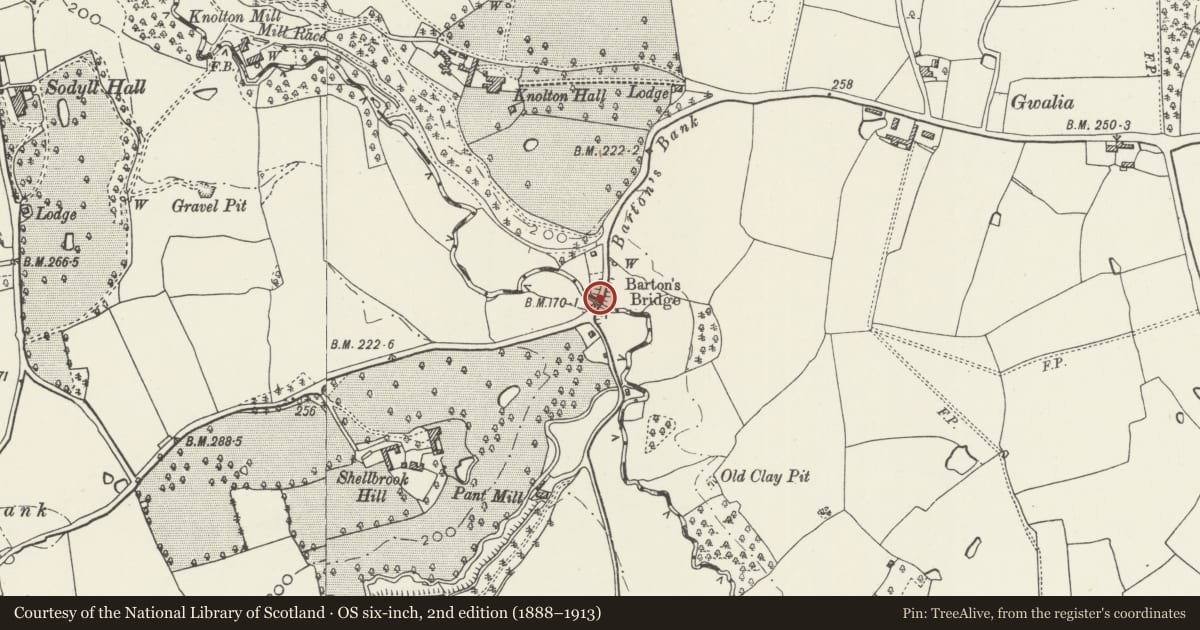 Ordnance Survey six-inch map, 2nd edition (1888–1913) covering the location of Barton's Bridge, Overton, Wrexham, with a pin at the register's coordinates