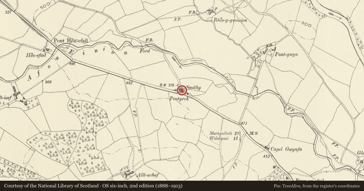 Ordnance Survey six-inch map, 2nd edition (1888–1913) covering the location of Pentyrch Smithy, Llanfair Caereinion, Powys, with a pin at the register's coordinates