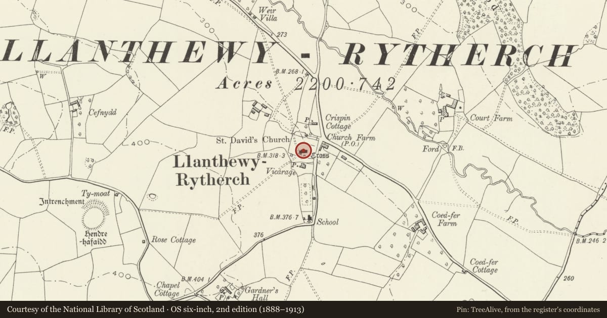 Ordnance Survey six-inch map, 2nd edition (1888–1913) covering the location of Church of St. David, Gobion Fawr, Monmouthshire, with a pin at the register's coordinates