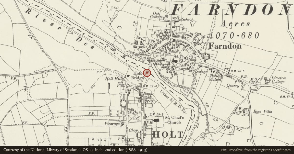Ordnance Survey six-inch map, 2nd edition (1888–1913) covering the location of Holt Bridge, Wrexham, with a pin at the register's coordinates