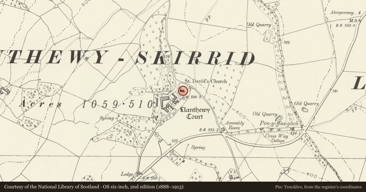 Ordnance Survey six-inch map, 2nd edition (1888–1913) covering the location of Church of St David, Llantilio Pertholey, Monmouthshire, with a pin at the register's coordinates