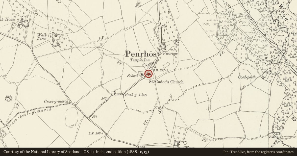 Ordnance Survey six-inch map, 2nd edition (1888–1913) covering the location of Church of St Cadoc, Whitecastle, Monmouthshire, with a pin at the register's coordinates