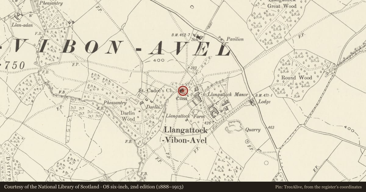 Ordnance Survey six-inch map, 2nd edition (1888–1913) covering the location of Church of St Cadoc, Whitecastle, Monmouthshire, with a pin at the register's coordinates