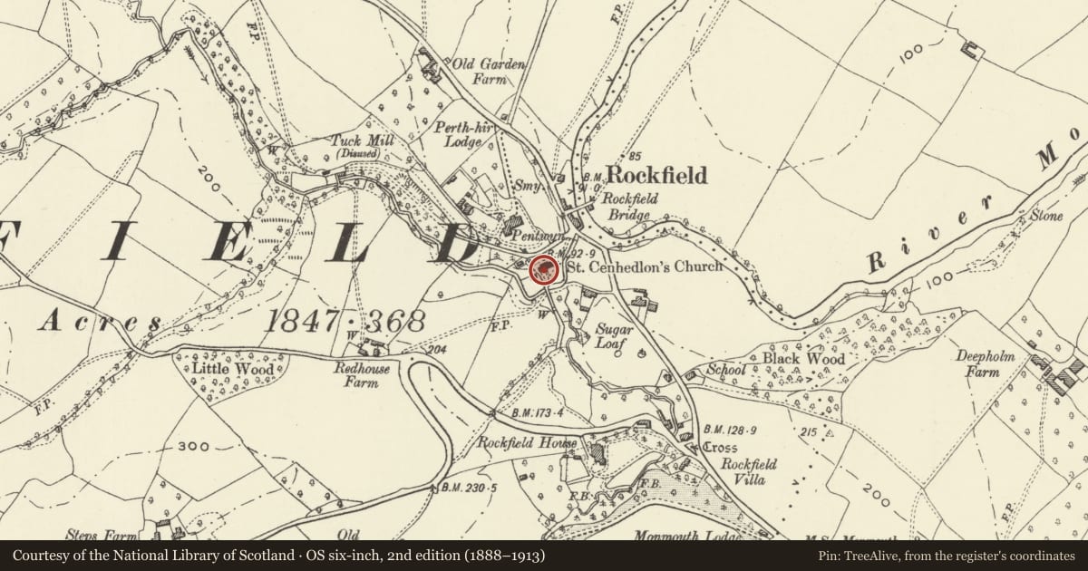 Ordnance Survey six-inch map, 2nd edition (1888–1913) covering the location of Church of St Cenhedlon (aka Rockfield Church), Whitecastle, Monmouthshire, with a pin at the register's coordinates