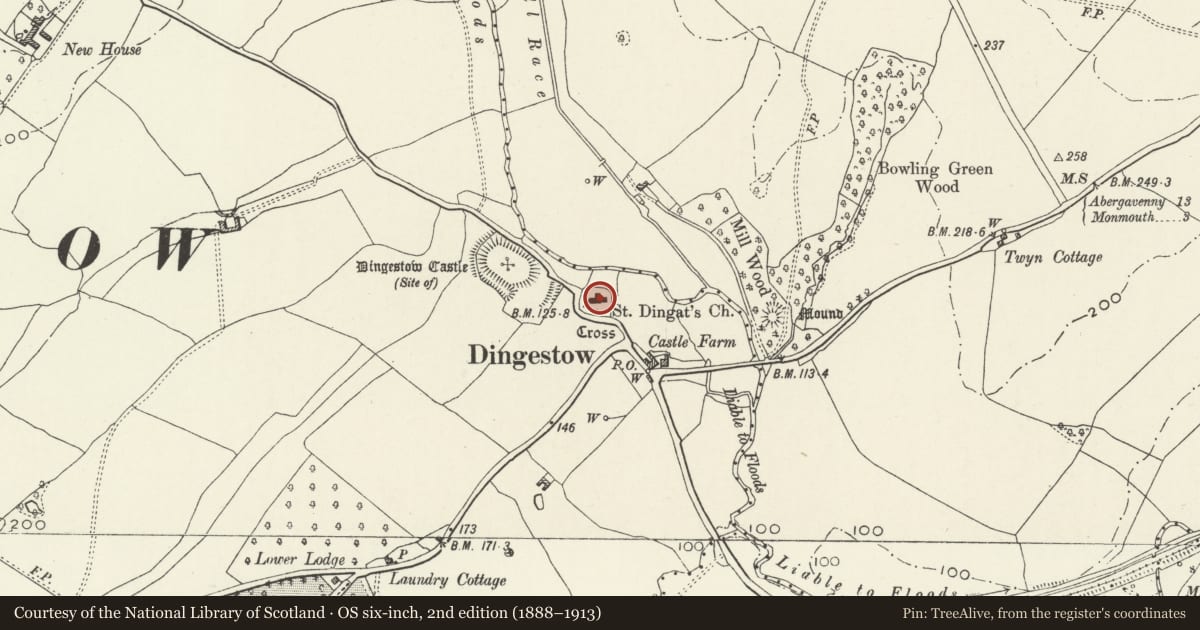 Ordnance Survey six-inch map, 2nd edition (1888–1913) covering the location of Church of St Dingat, Mitchel Troy, Monmouthshire, with a pin at the register's coordinates