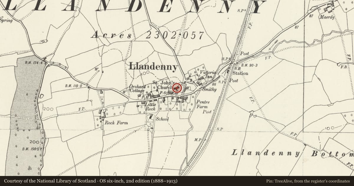 Ordnance Survey six-inch map, 2nd edition (1888–1913) covering the location of Church of St John, Raglan, Monmouthshire, with a pin at the register's coordinates