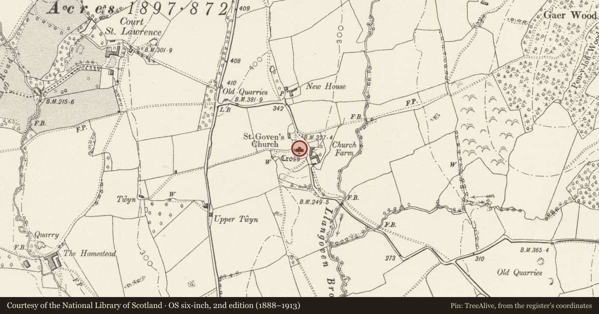 Ordnance Survey six-inch map, 2nd edition (1888–1913) covering the location of Church of St Govan, Mitchel Troy, Monmouthshire, with a pin at the register's coordinates