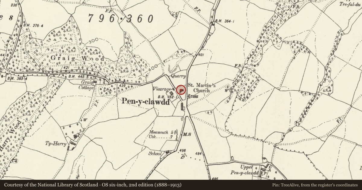 Ordnance Survey six-inch map, 2nd edition (1888–1913) covering the location of Church of St Martin, Mitchel Troy, Monmouthshire, with a pin at the register's coordinates