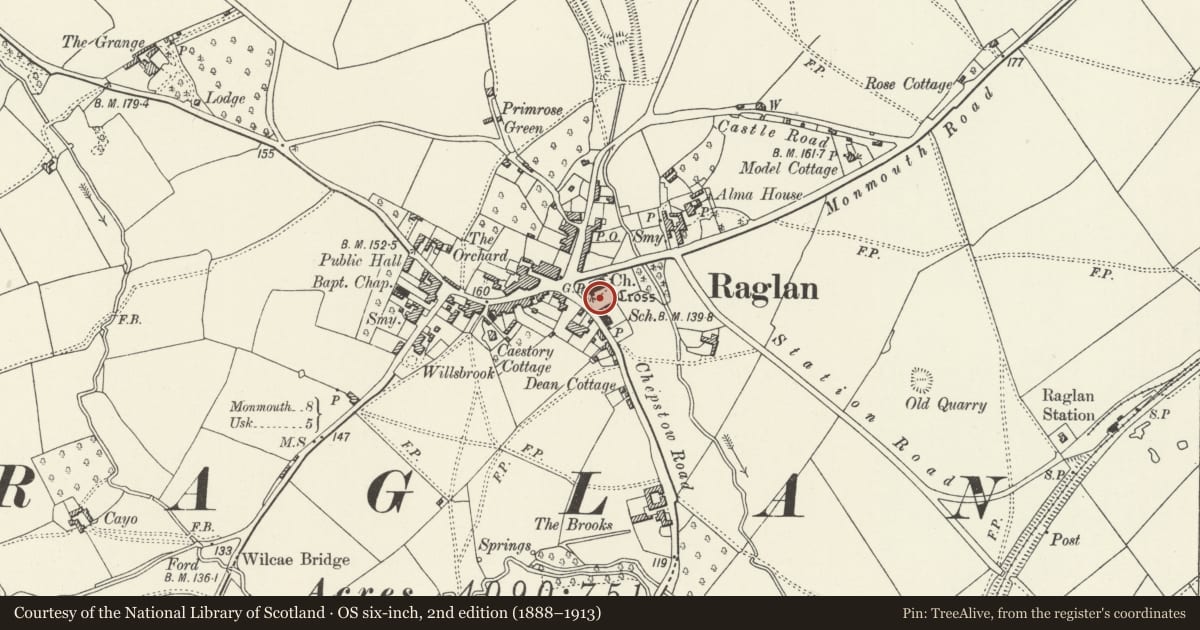 Ordnance Survey six-inch map, 2nd edition (1888–1913) covering the location of Cross in St Cadoc's Churchyard, Raglan, Monmouthshire, with a pin at the register's coordinates