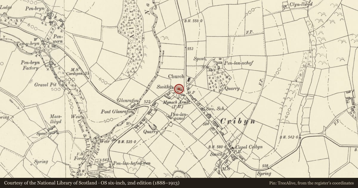 Ordnance Survey six-inch map, 2nd edition (1888–1913) covering the location of Cob Cottage in Village Centre (originally called Troedrhiwfallen), Llanfihangel Ystrad, Ceredigion, with a pin at the register's coordinates