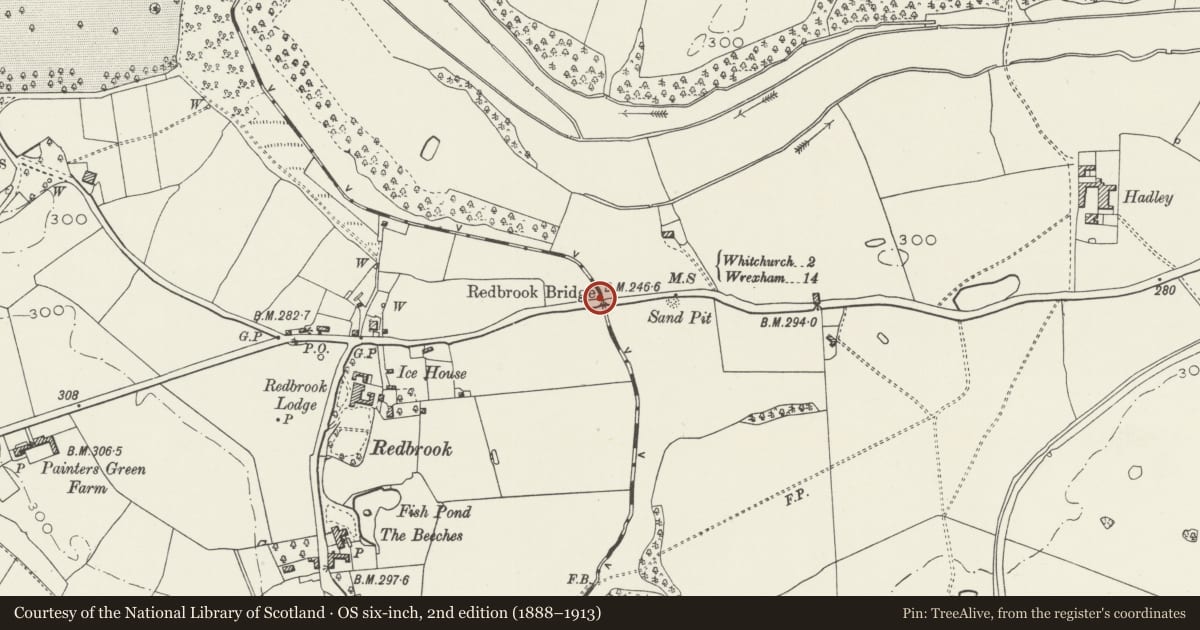 Ordnance Survey six-inch map, 2nd edition (1888–1913) covering the location of Redbrook Bridge(partly in Whitchurch Urban Civil Parish, Shropshire), Bronington, Wrexham, with a pin at the register's coordinates