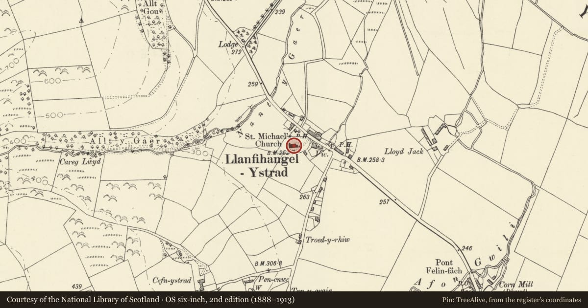 Ordnance Survey six-inch map, 2nd edition (1888–1913) covering the location of Parish Church of St Michael, Llanfihangel Ystrad, Ceredigion, with a pin at the register's coordinates