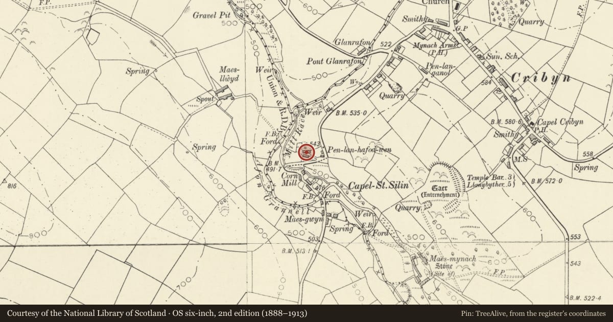 Ordnance Survey six-inch map, 2nd edition (1888–1913) covering the location of Penlan-hafodwen including attached byre (also known as Penlan-capel), Llanfihangel Ystrad, Ceredigion, with a pin at the register's coordinates