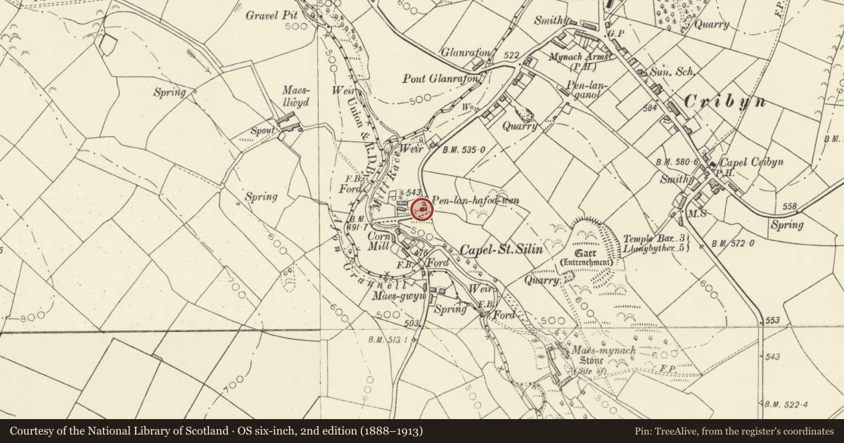 Ordnance Survey six-inch map, 2nd edition (1888–1913) covering the location of Barn at Penlan-hafodwen (also known as Penlan-capel), Llanfihangel Ystrad, Ceredigion, with a pin at the register's coordinates