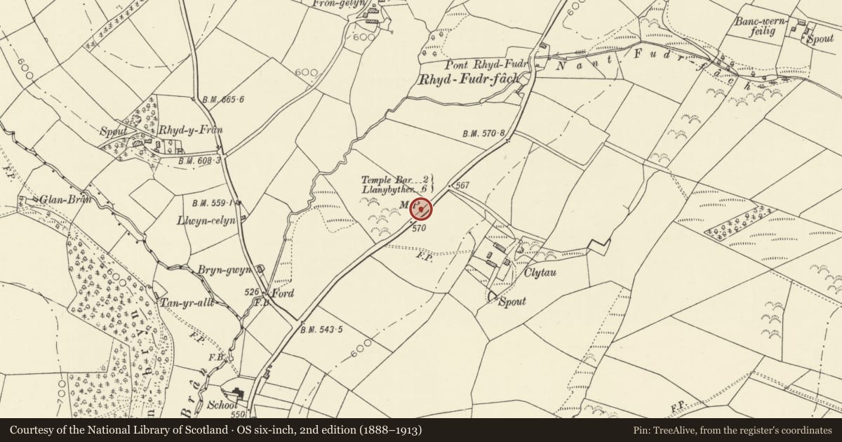 Ordnance Survey six-inch map, 2nd edition (1888–1913) covering the location of Milepost on W side of B4337, Llanfihangel Ystrad, Ceredigion, with a pin at the register's coordinates