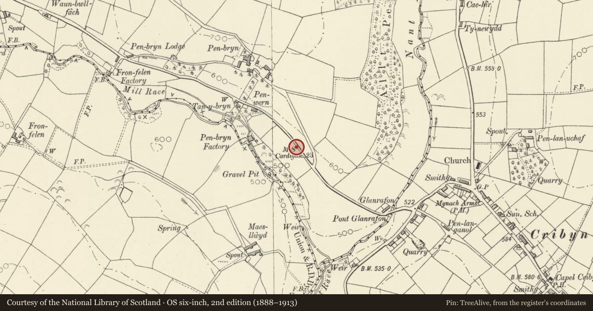 Ordnance Survey six-inch map, 2nd edition (1888–1913) covering the location of Milestone on S side of by-road near Pen-wern Mills, Llanfihangel Ystrad, Ceredigion, with a pin at the register's coordinates