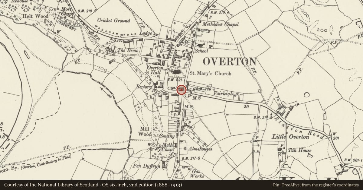 Ordnance Survey six-inch map, 2nd edition (1888–1913) covering the location of Gwydyr House (former RS & P Garden Machinery Specialists), Overton, Wrexham, with a pin at the register's coordinates