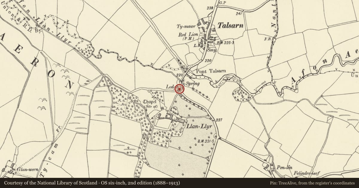 Ordnance Survey six-inch map, 2nd edition (1888–1913) covering the location of Lodge at Llanllyr, Llanfihangel Ystrad, Ceredigion, with a pin at the register's coordinates