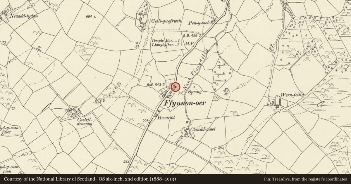 Ordnance Survey six-inch map, 2nd edition (1888–1913) covering the location of Ffynon-oer, Llanfihangel Ystrad, Ceredigion, with a pin at the register's coordinates