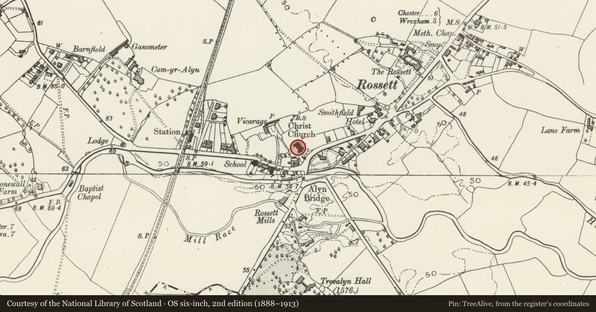 Ordnance Survey six-inch map, 2nd edition (1888–1913) covering the location of Christ Church, Rossett, Wrexham, with a pin at the register's coordinates