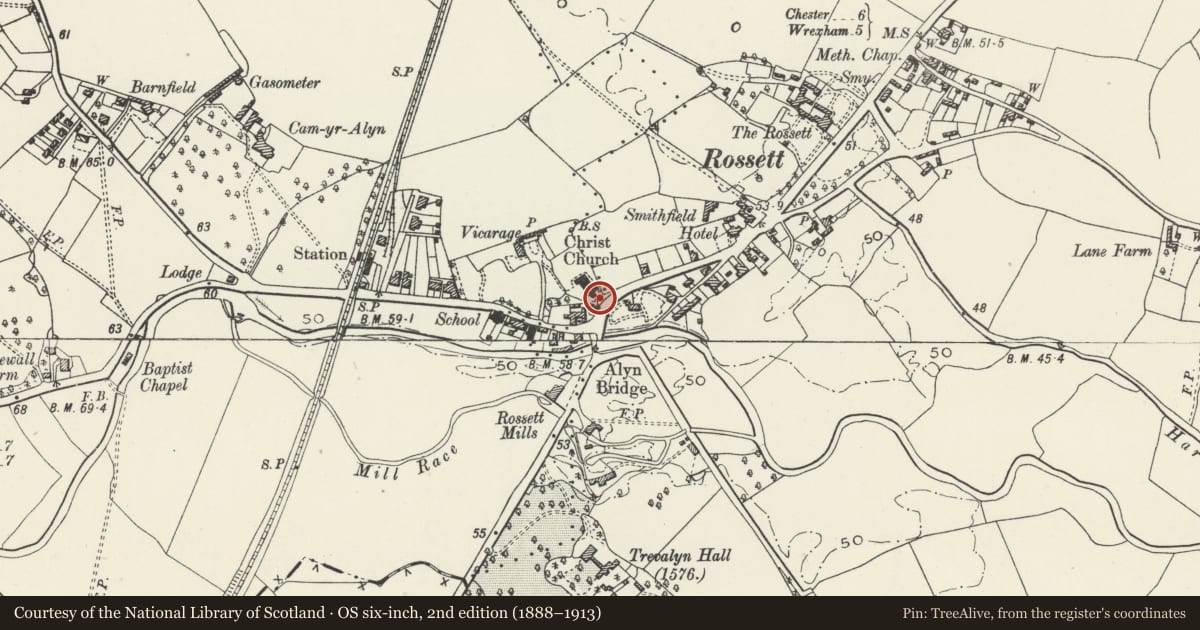 Ordnance Survey six-inch map, 2nd edition (1888–1913) covering the location of Rossett War Memorial, Wrexham, with a pin at the register's coordinates