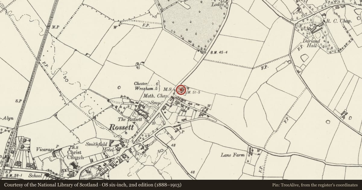 Ordnance Survey six-inch map, 2nd edition (1888–1913) covering the location of Canister Cottage, Rossett, Wrexham, with a pin at the register's coordinates