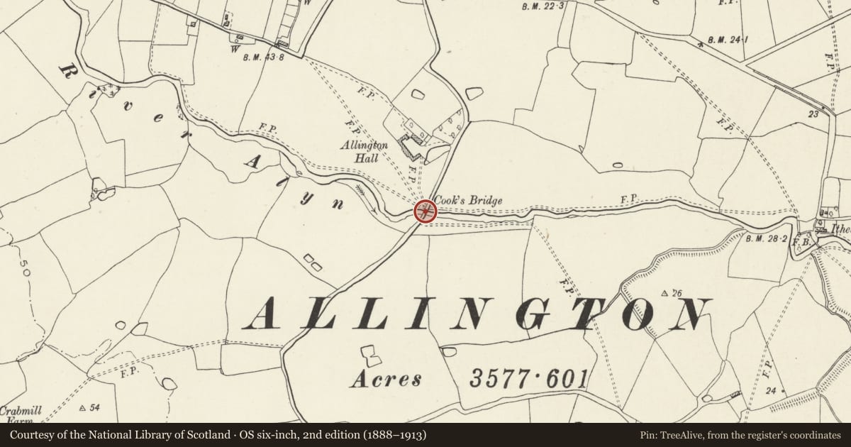 Ordnance Survey six-inch map, 2nd edition (1888–1913) covering the location of Cook's Bridge, Rossett, Wrexham, with a pin at the register's coordinates
