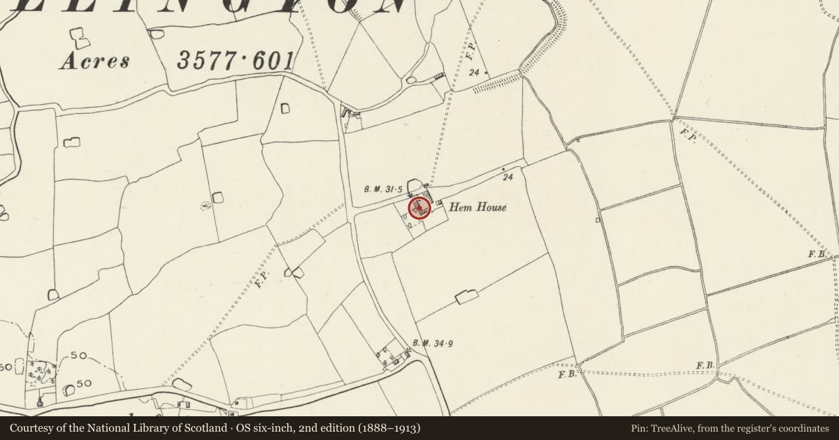 Ordnance Survey six-inch map, 2nd edition (1888–1913) covering the location of Hem House, Rossett, Wrexham, with a pin at the register's coordinates