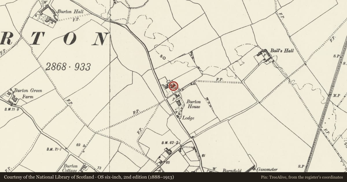 Ordnance Survey six-inch map, 2nd edition (1888–1913) covering the location of Ivy Cottage (formerly known as Ravensbourne Cottages), Rossett, Wrexham, with a pin at the register's coordinates