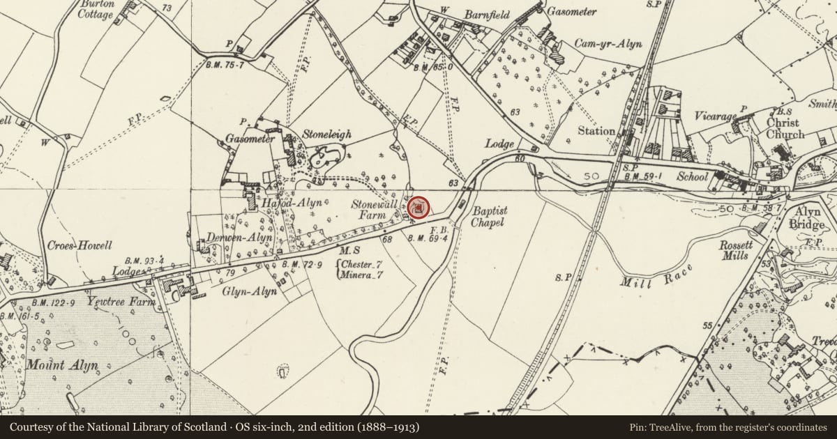 Ordnance Survey six-inch map, 2nd edition (1888–1913) covering the location of Meifod, Rossett, Wrexham, with a pin at the register's coordinates
