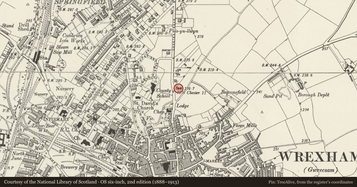 Ordnance Survey six-inch map, 2nd edition (1888–1913) covering the location of Royal Welch Fusiliers Memorial, Acton, Wrexham, with a pin at the register's coordinates