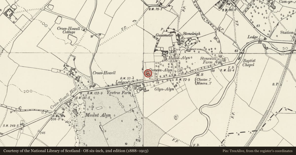Ordnance Survey six-inch map, 2nd edition (1888–1913) covering the location of The Stone House, Rossett, Wrexham, with a pin at the register's coordinates