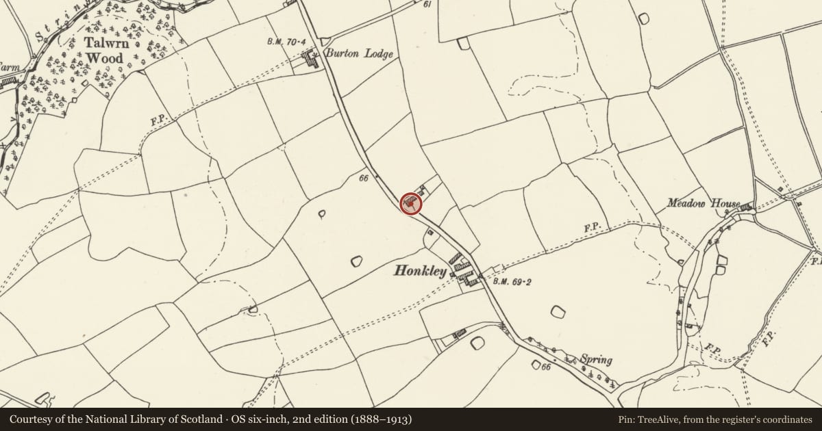 Ordnance Survey six-inch map, 2nd edition (1888–1913) covering the location of Lower Honkley Farmhouse, Rossett, Wrexham, with a pin at the register's coordinates