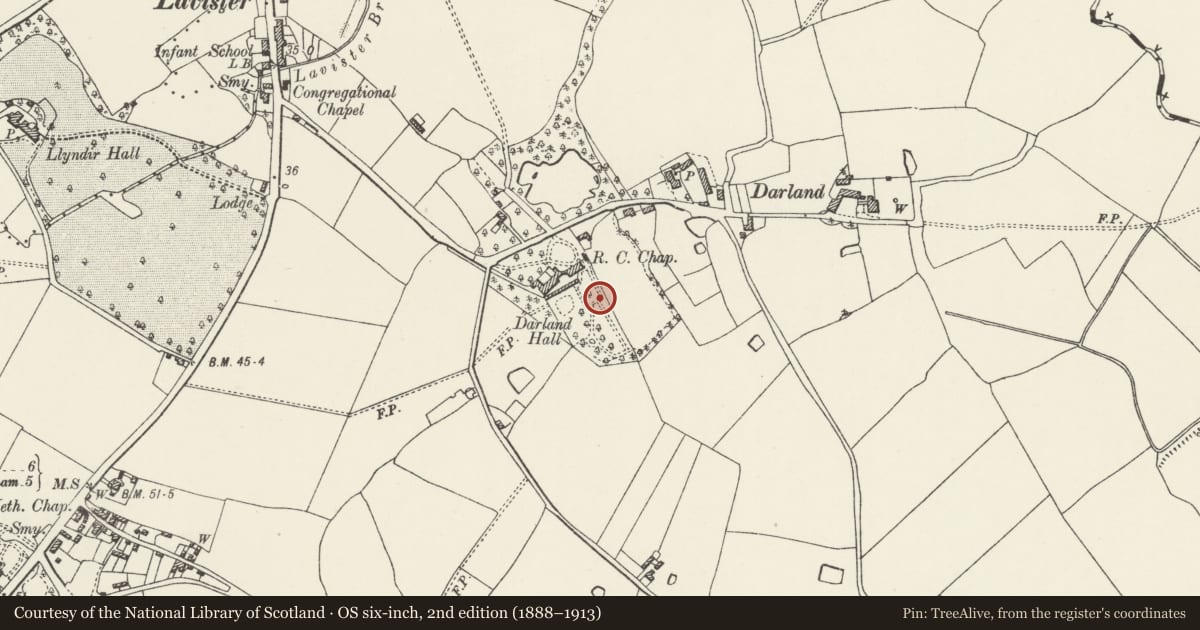 Ordnance Survey six-inch map, 2nd edition (1888–1913) covering the location of Pergola and gazebo at Darland Hall, Rossett, Wrexham, with a pin at the register's coordinates