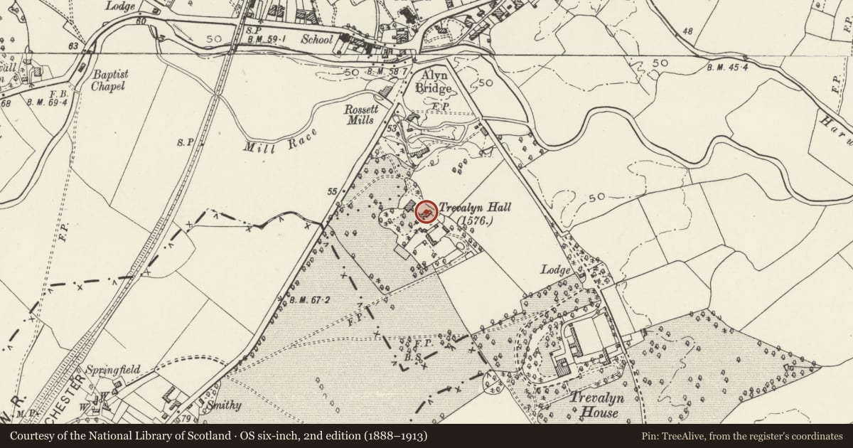 Ordnance Survey six-inch map, 2nd edition (1888–1913) covering the location of The Courtyard (formerly known as Trevalyn Hall Service Wing), Rossett, Wrexham, with a pin at the register's coordinates