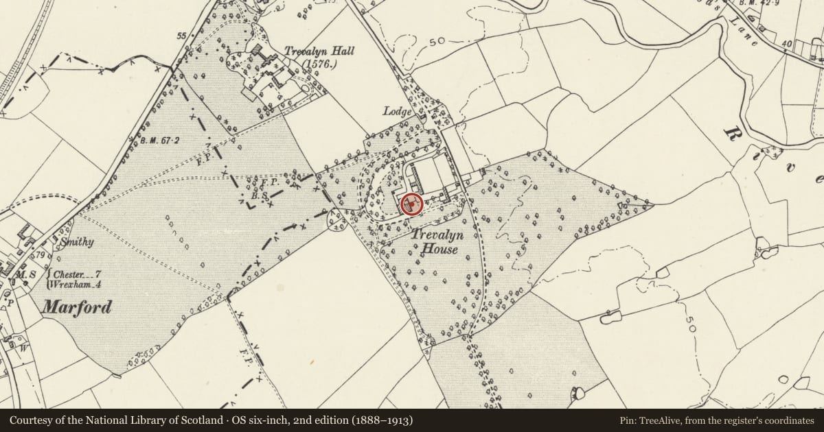 Ordnance Survey six-inch map, 2nd edition (1888–1913) covering the location of Trevalyn Hospital (formerly known as Trevalyn House), Rossett, Wrexham, with a pin at the register's coordinates