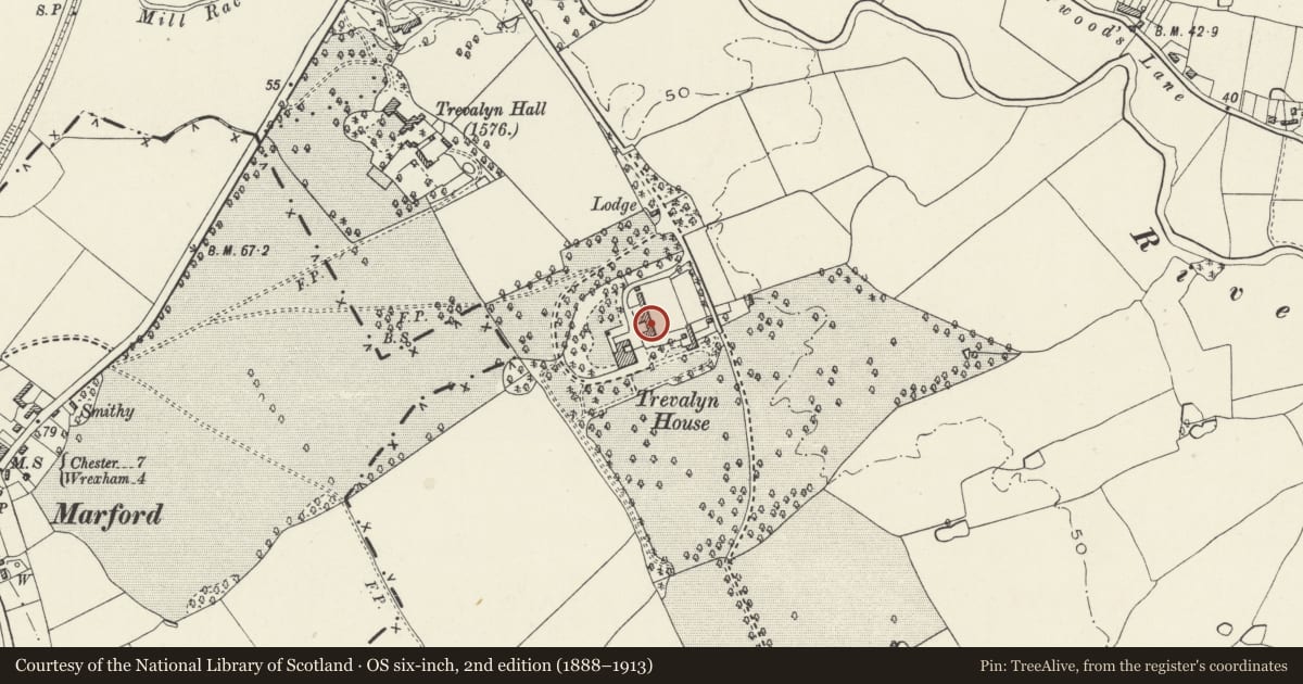 Ordnance Survey six-inch map, 2nd edition (1888–1913) covering the location of Former Stable-block to NE of Trevalyn Hospital, Rossett, Wrexham, with a pin at the register's coordinates