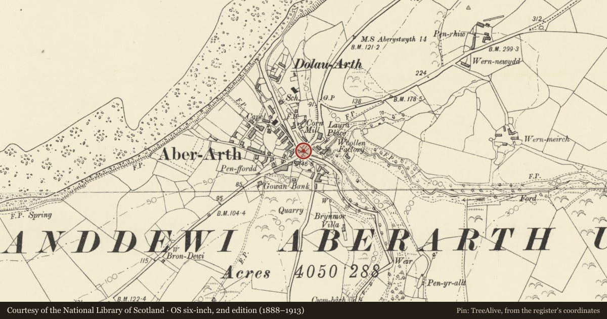 Ordnance Survey six-inch map, 2nd edition (1888–1913) covering the location of Pont Aberarth and attached abutment walls, Dyffryn Arth, Ceredigion, with a pin at the register's coordinates