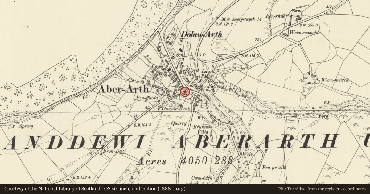 Ordnance Survey six-inch map, 2nd edition (1888–1913) covering the location of Alicia, Dyffryn Arth, Ceredigion, with a pin at the register's coordinates