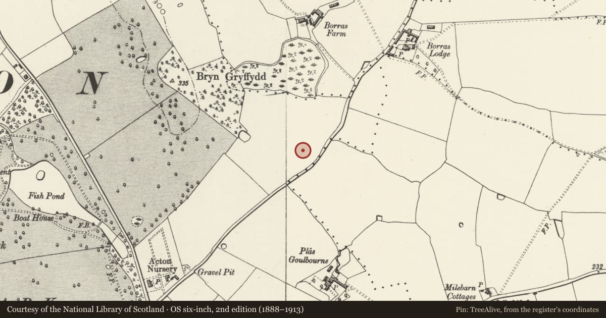 Ordnance Survey six-inch map, 2nd edition (1888–1913) covering the location of Cherry Hill, Acton, Wrexham, with a pin at the register's coordinates