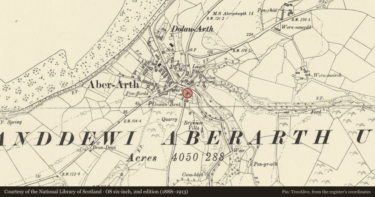 Ordnance Survey six-inch map, 2nd edition (1888–1913) covering the location of Bryndewi, Dyffryn Arth, Ceredigion, with a pin at the register's coordinates