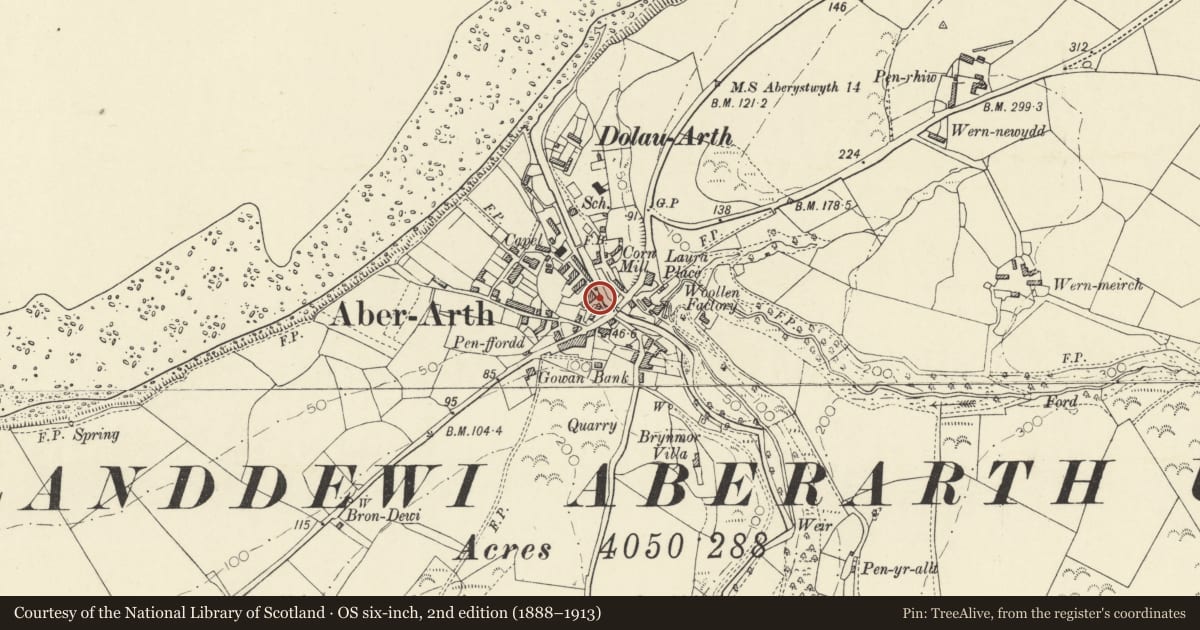 Ordnance Survey six-inch map, 2nd edition (1888–1913) covering the location of Telephone Call-box (01545 570241), Dyffryn Arth, Ceredigion, with a pin at the register's coordinates